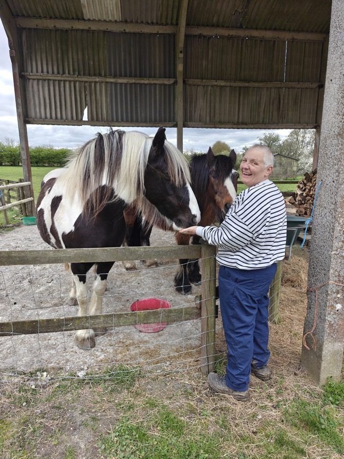 Michelle in a striped top stroking two horses in a barn at Wye